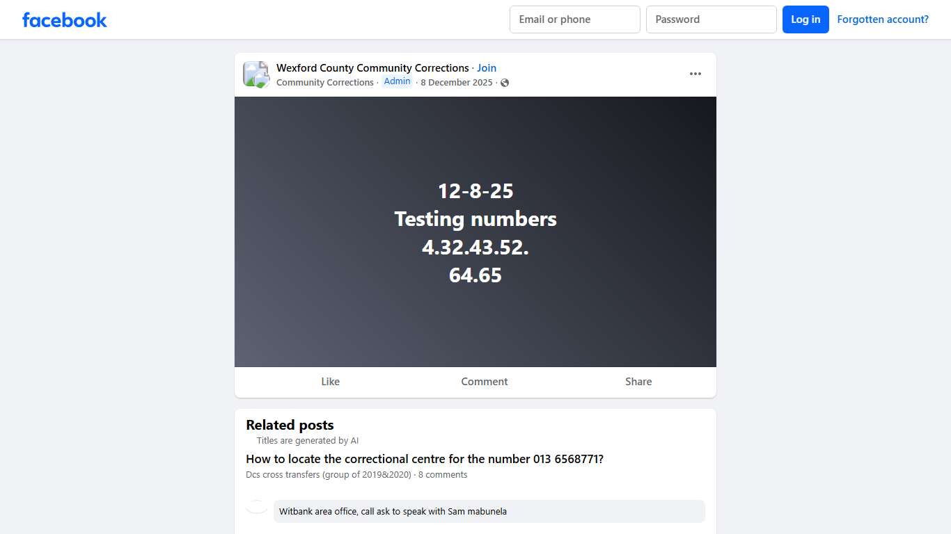 Wexford County Community Corrections 12-8-25 Testing numbers 4.32.43.52. 64.65 Facebook