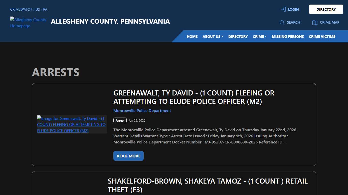 Arrests for Allegheny County, Pennsylvania CRIMEWATCH
